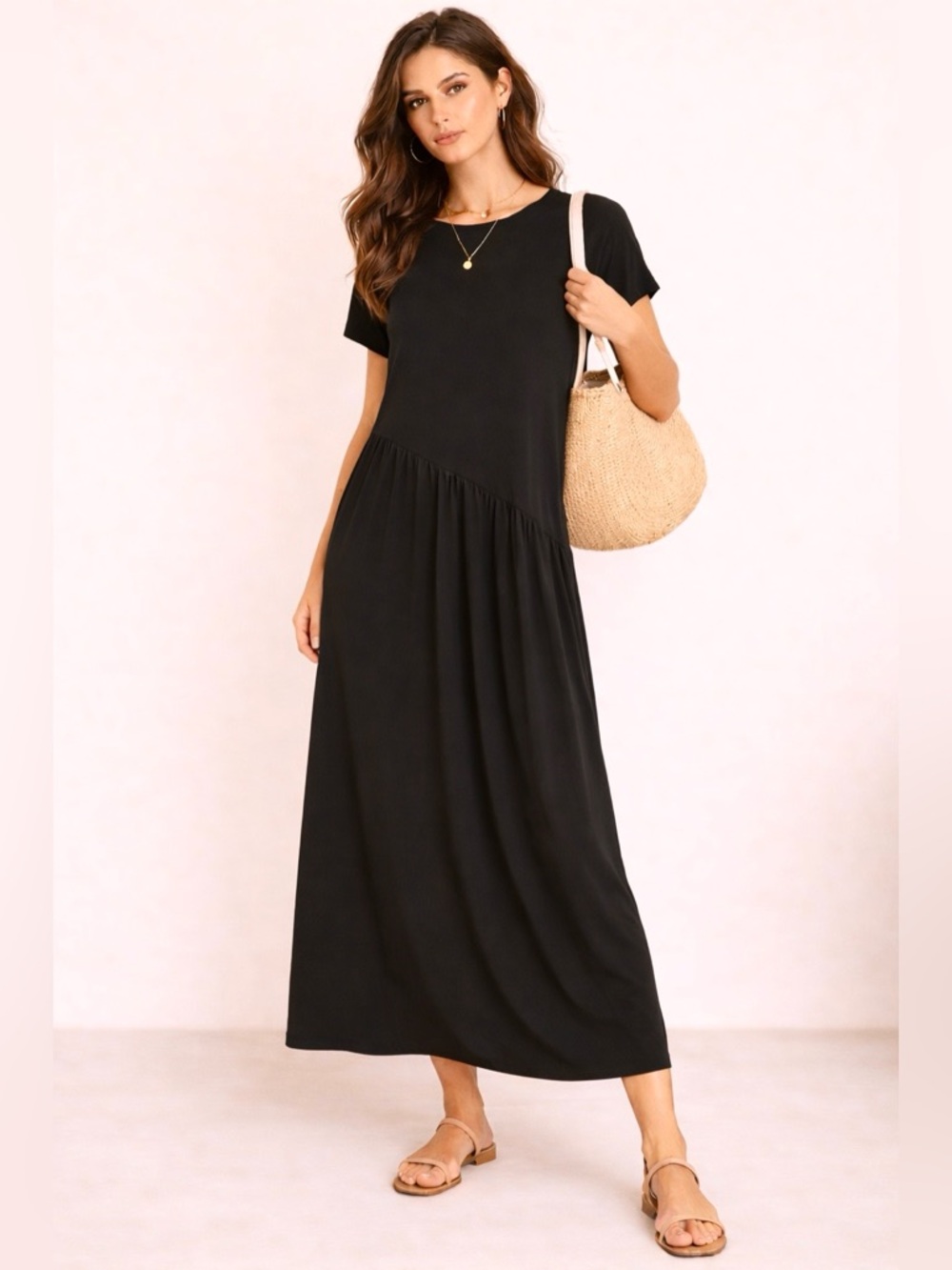 Minimalist Lagenlook Maxi Nap Dress Asym Pleat Stretch Niki & Nash Sz M